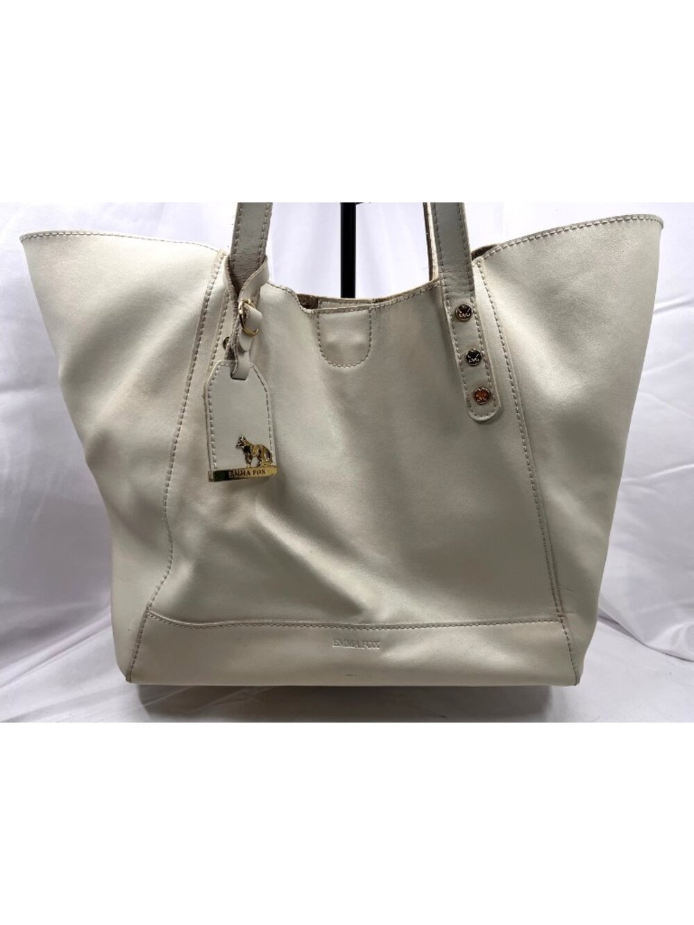 Emma Fox Ivory Genuine Leather Tote Bag Gold Hardware Fox Charm